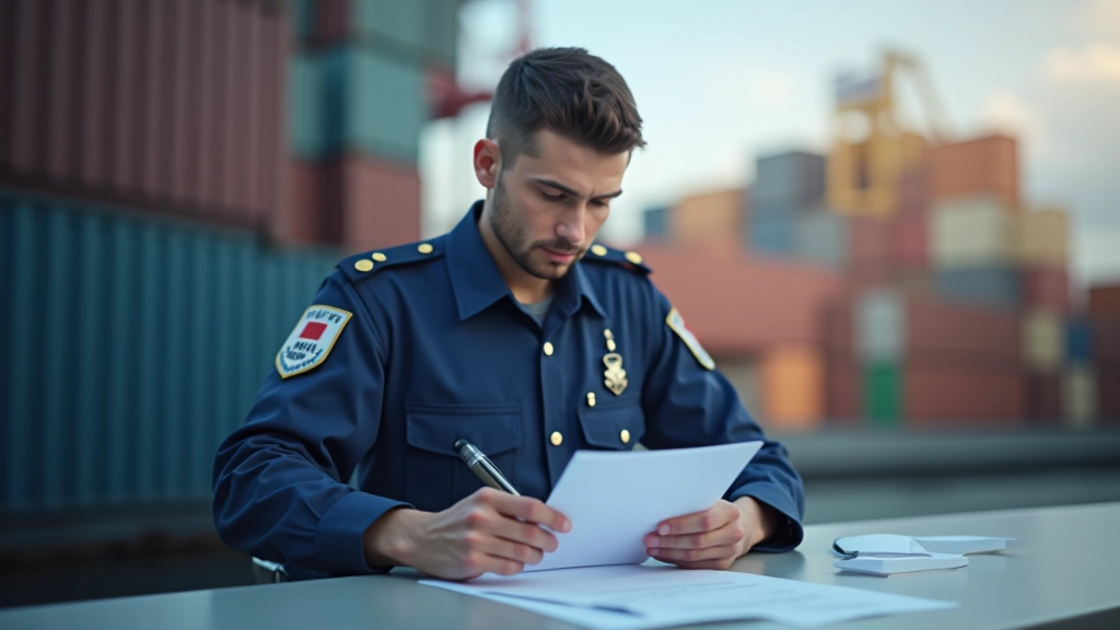 Zollbeamter prüft Importdokumente an einem Hafenterminal mit modernen Lagersystemen