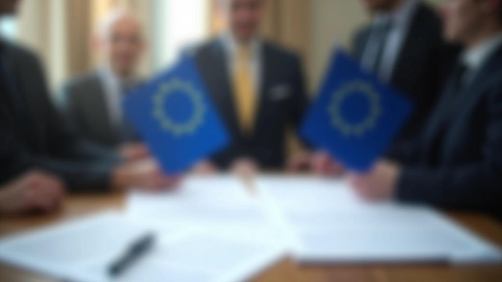Europäische Flaggen und Dokumente mit Handelsabkommen auf einem diplomatischen Verhandlungstisch
