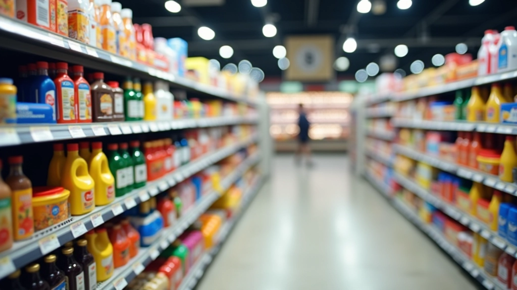 Supermarkt-Regal mit verschiedenen Produkten, viele davon importiert aus anderen Ländern