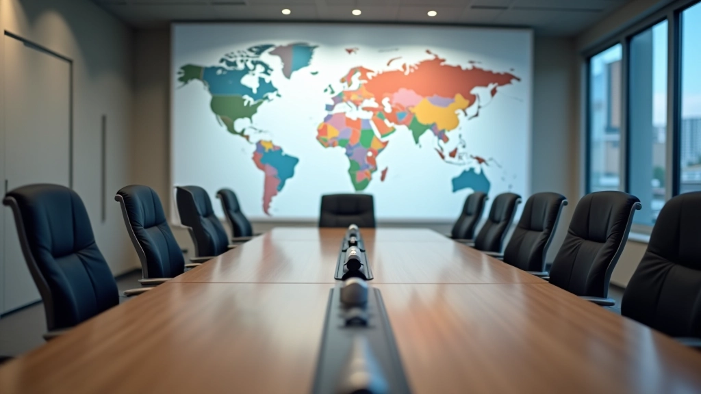 Internationale Handelskonferenzen und Verhandlungstische in modernem Konferenzzentrum