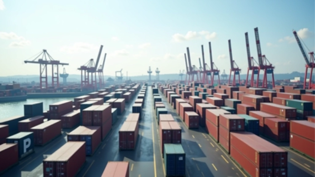 Moderner internationaler Hafen mit Containern, Kränen und globalen Handelsschiffen