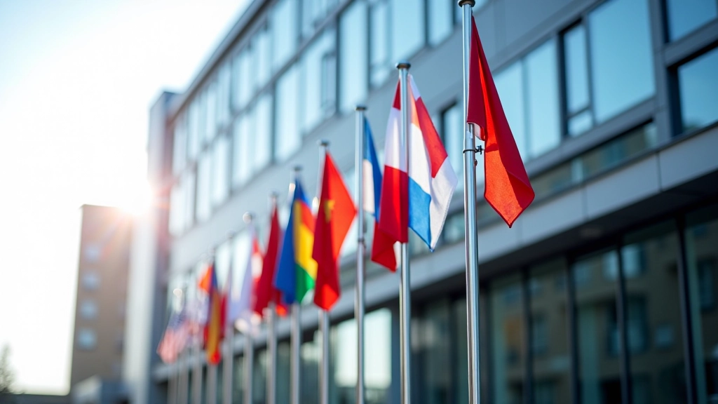 Moderne WTO-Zentrale in Genf mit Fahnen verschiedener Mitgliedstaaten