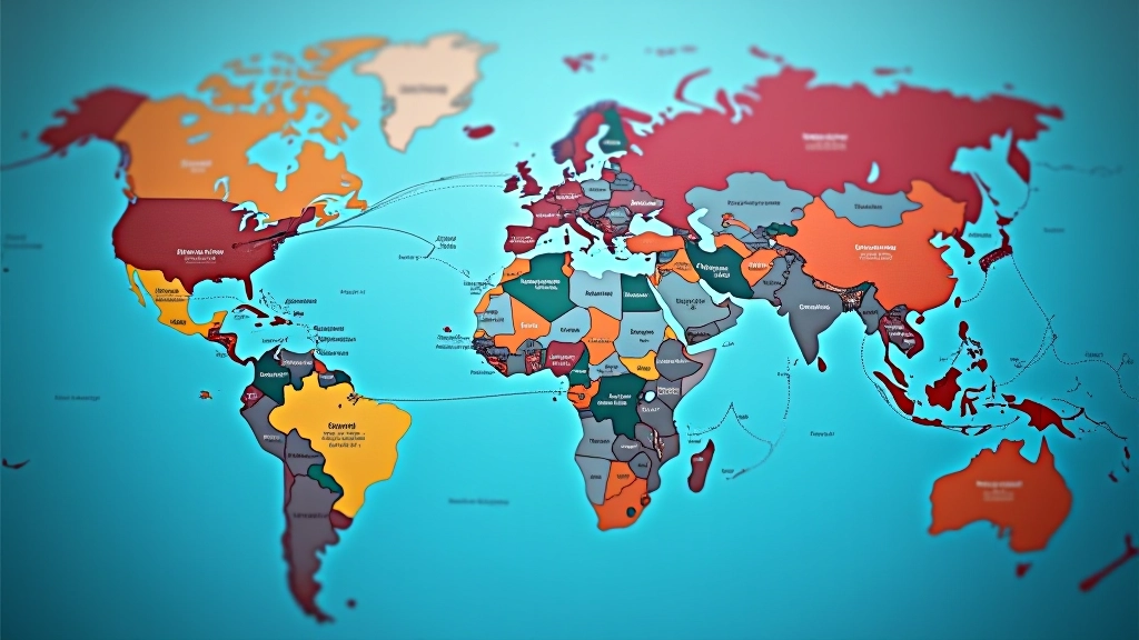 Globale Handelsrouten auf einer Weltkarte mit farbigen Pfeilen zwischen Kontinenten